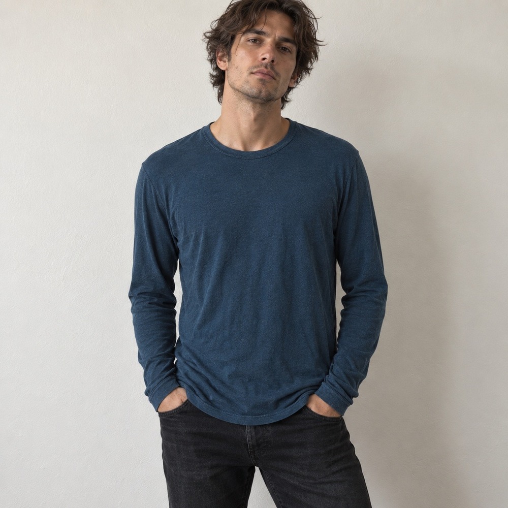 John Varvatos Star USA Mens Tee Medium Teal Blue Long Sleeve Crew Modal Cotton
